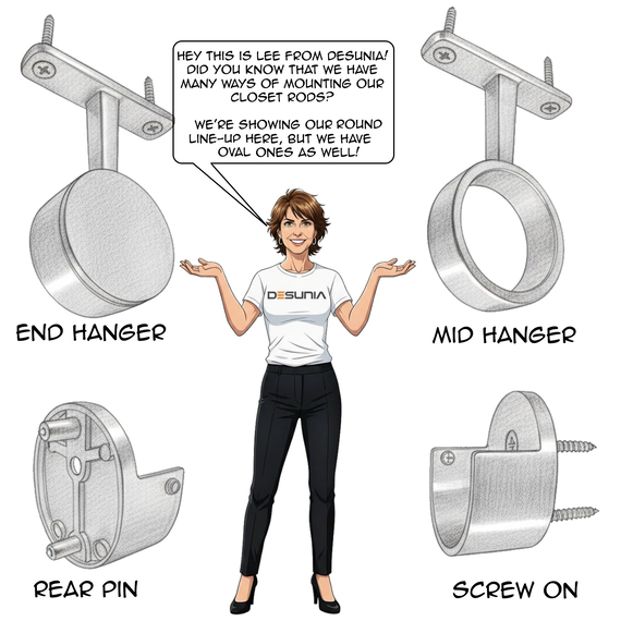 showing the various means of hanging a round closet rod